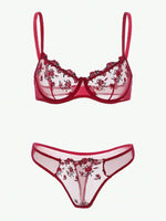 Women Floral Embroidory Underwear Set Sexy Lace Erotic Lingerie Female Bra And Brief Transparent Sensual Push Up Panty Patchwork