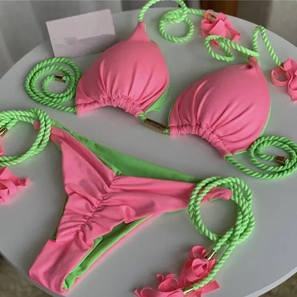 New Women Bikini Backless Rope Triangle Swimsuit Multicolor