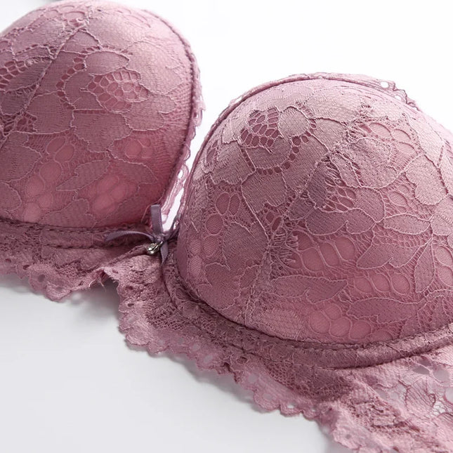 1 Set Elegant Erotic Lace Embroidery Breathable Fabric Lingeries : Push-Up Bra, Low Waist Sheer Panty - Ultimate Valentine's Day