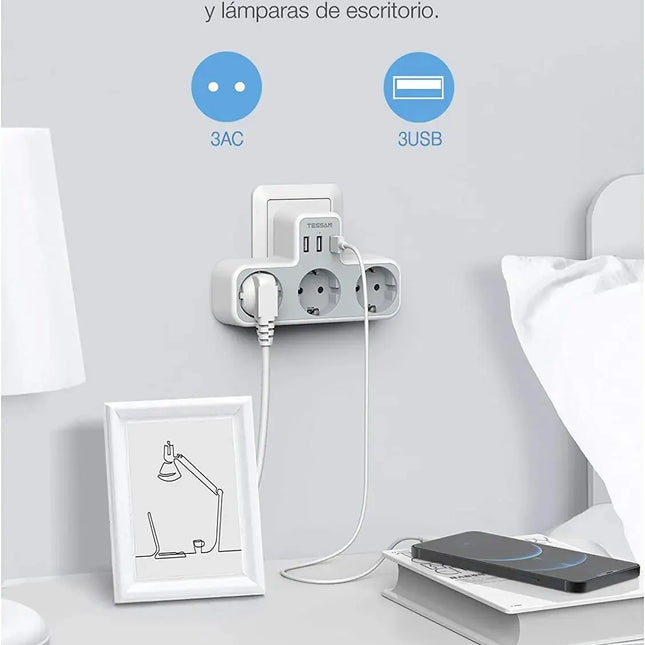 TESSAN EU Plug Power Strip with 3 AC Outlets +3 USB Ports, 6 In 1 Wall Charger Power Socket Adapter Overload Protection for Home