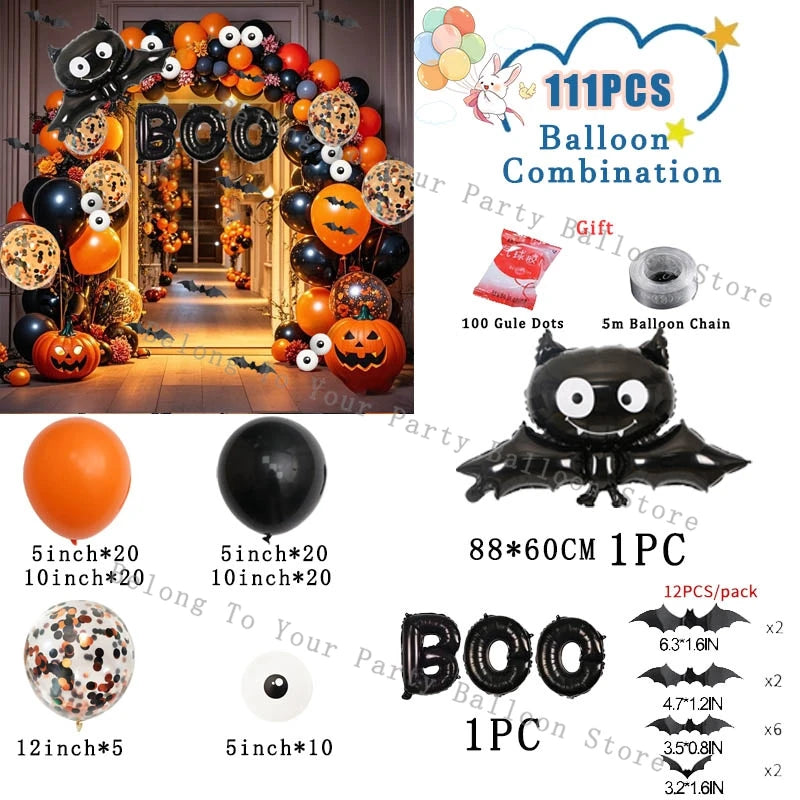 Halloween Pumpkin Balloons Garland Arch Kit Orange Black Balloon 3D Bat Sticker Eye Globos Birthday Party Halloween Decorations