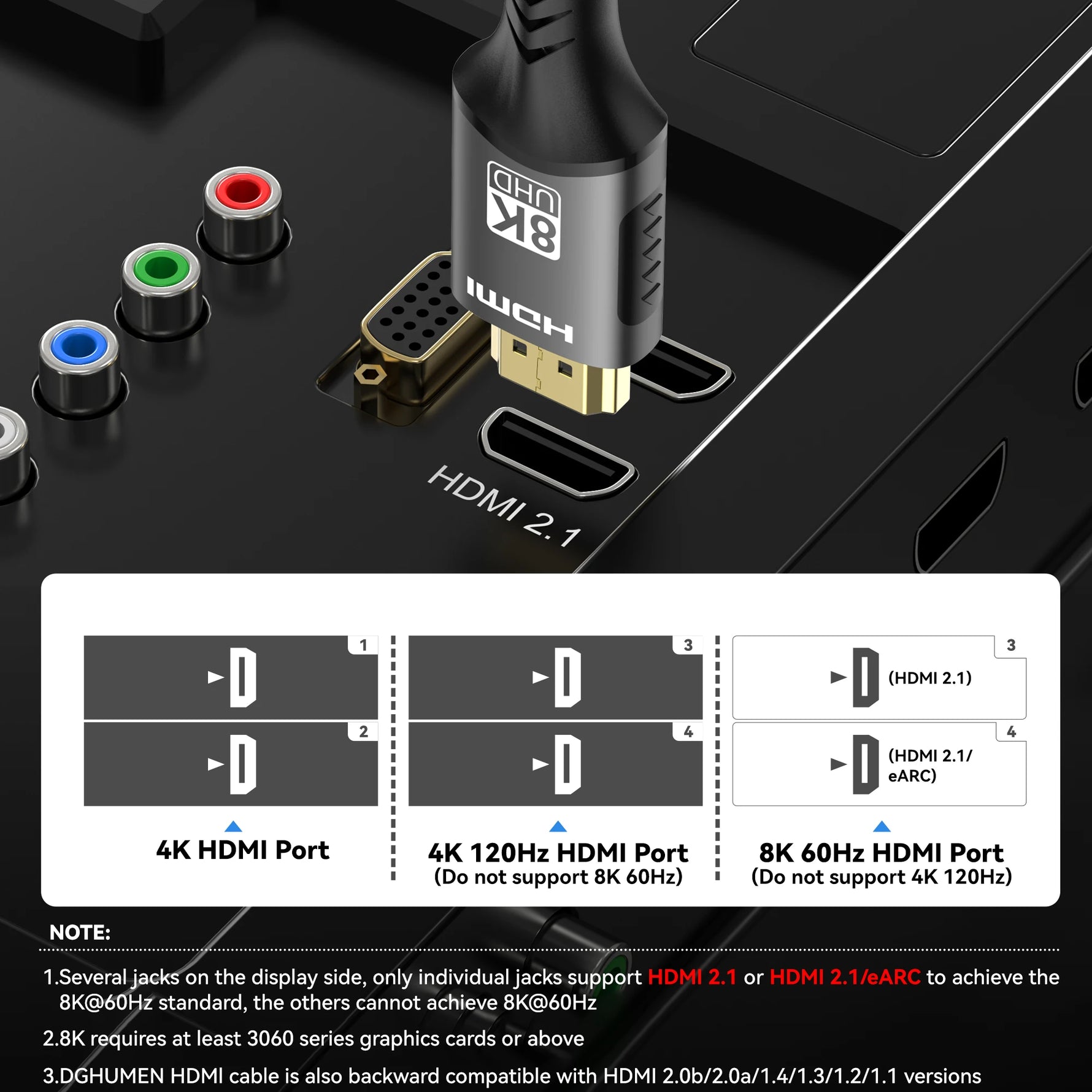 8K HDMI 2.1 Cable 4K@120Hz 8K@60Hz 48Gbps EARC ARC HDCP Ultra High Speed HDR For RTX Video Cable PC Laptop Projector HD TV PS5