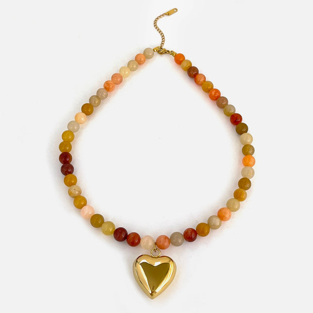 Peri'sbox Bohemia Multi-color Natural Stone Handmade Beaded Chain Waterproof Trendy Gold Plated Heart Pendant Necklace for Women