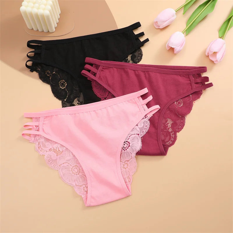 3PC/Set Women Sexy Lace Panties Low Rise Hollow Out Briefs Floral Transparent Underwear for Feamale Elastic Straps Soft Lingerie