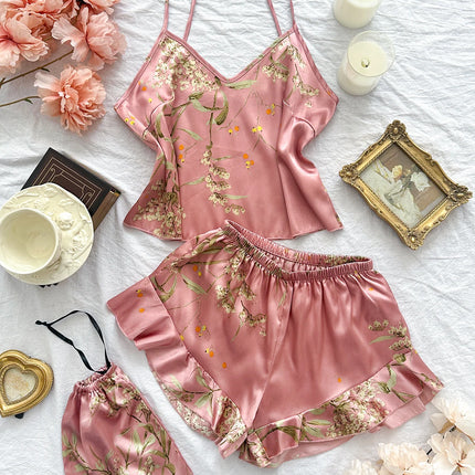 Elegant Floral Print Cami Tops   Ruffle Hem Shorts Pajama Set  Women's Sleepwear   Loungewear
