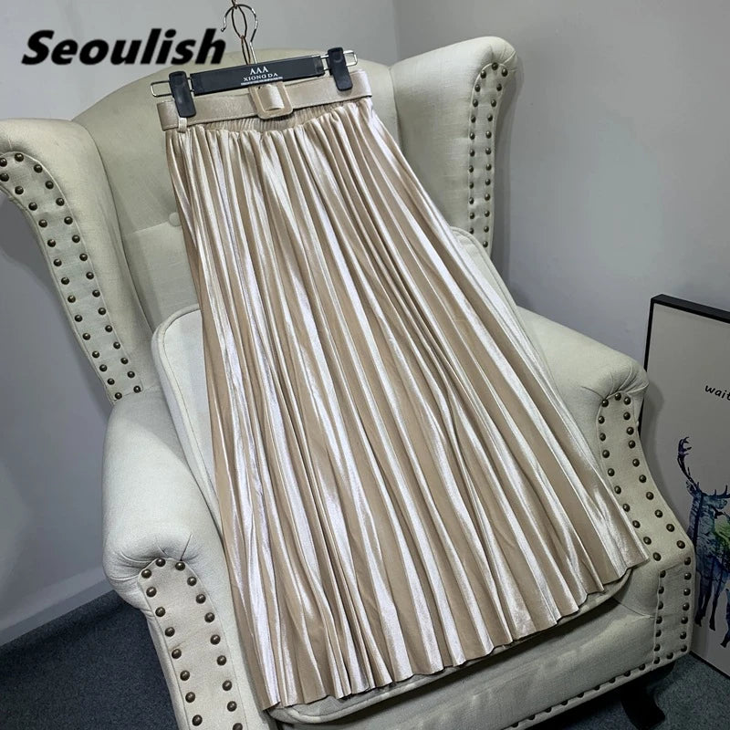 Seoulish Autumn Winter Women's Velvet Pleated Skirts with Belted New 2023 High Waist Solid Korean Style Chic Long Skirts Female