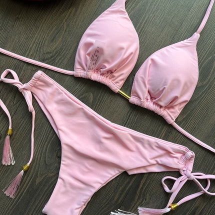 2025 New Sexy Triangle Bathing Suit for Women Brazilian Bikinis Halter Swimwear Push Up Swimsuit Metal Chain Beach Bikini Set