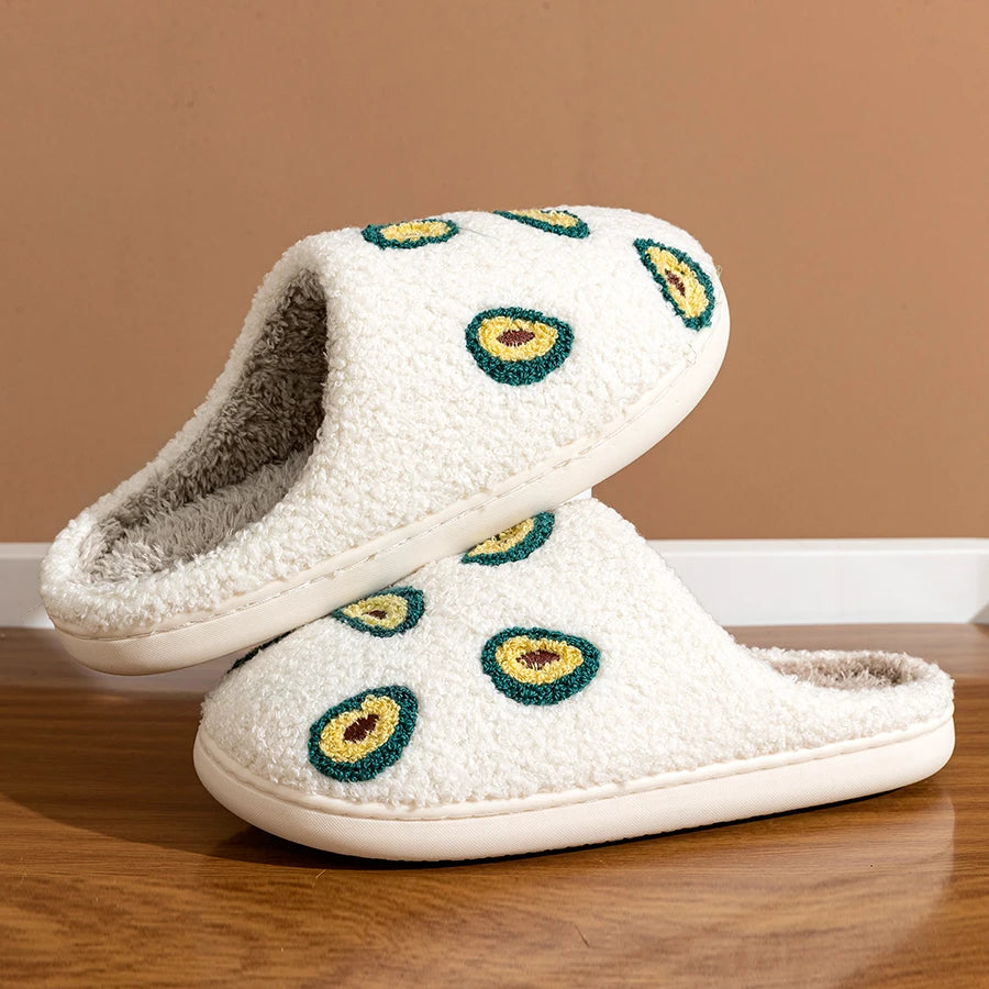 Cute Avocado Women Slippers Winter Warm Indoor Fruit Cartoon Funny Soft Non-slip Slipper Cherry Strawberry Comfy Cotton Shoes