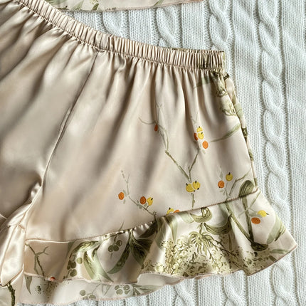 Elegant Floral Print Cami Tops   Ruffle Hem Shorts Pajama Set  Women's Sleepwear   Loungewear