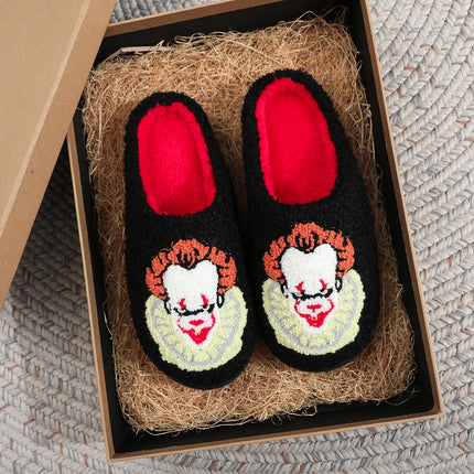 A Pair of Black Halloween Horror Clown Pattern Embroidered Plush Home Thick-Soled Comfortable Autumn and Winter Fur Slippers, Dark Punk Stylish Warm Non-Slip Indoor Slippers for Men and Women That Can Wear Slip-On Slippers