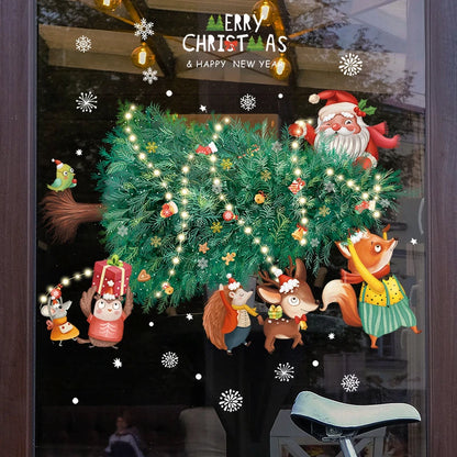 2024 Christmas Window Stickers Santa Claus Xmas Tree Cartoon Glass Decal Merry Christmas New Year Holiday Decorations for Home