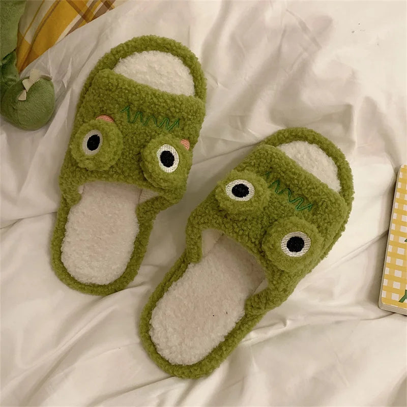 Women Faux Fur Slippers Cute Cartoon Frog Home Slipper Women Men Winter Warm Shoes Soft Plush Lovers Indoor House Floor Slides