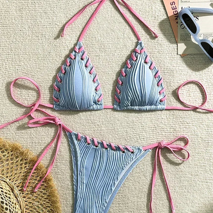 2025 Halter Wrinkled Weave Bikini Women Swimwear Female Swimsuit Two Pieces Bikini Set Brazilian Bathing Suit Swim Beach Wear