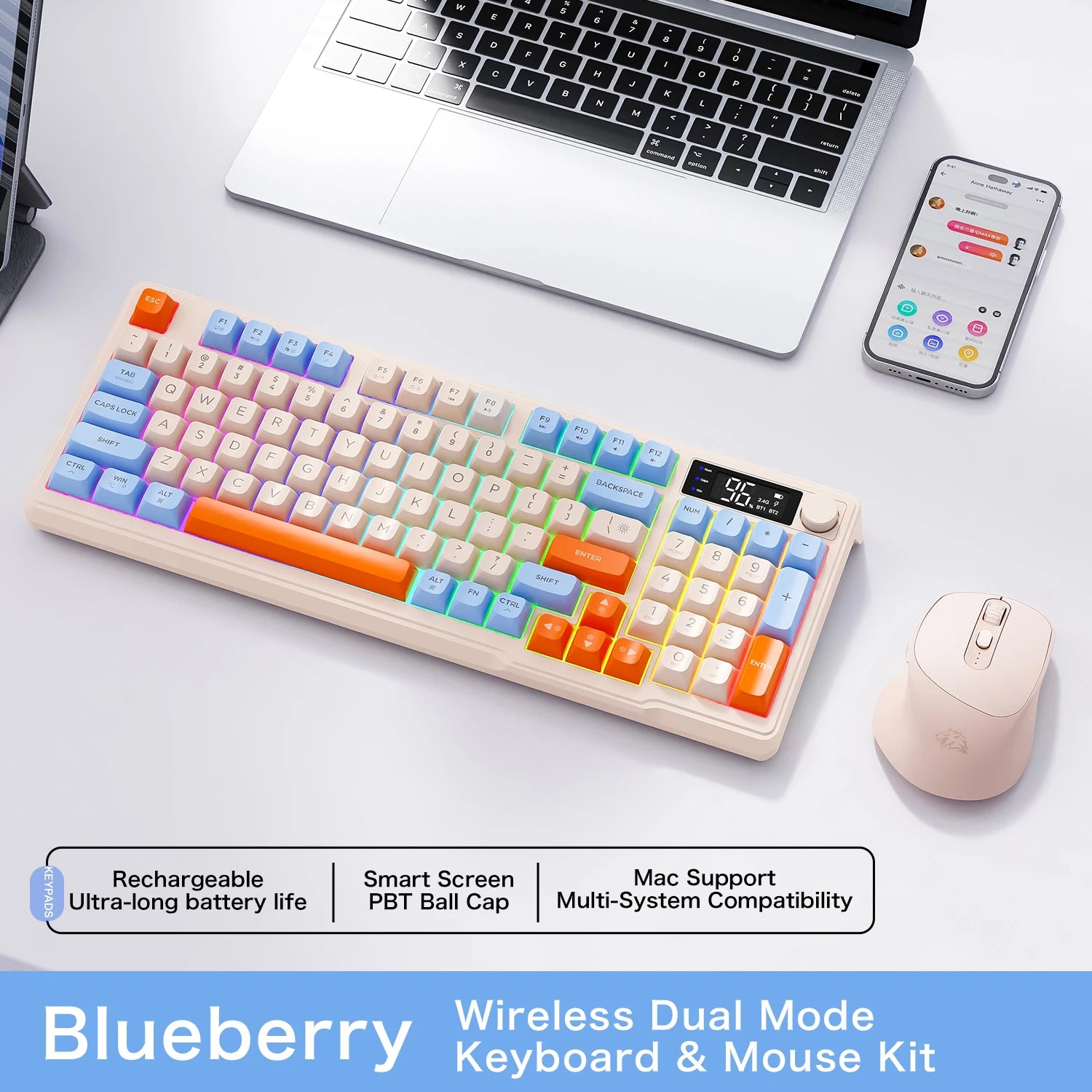 FreeWolf M96 Wireless Keyboard with Screen,Gaming Keyboard Bluetooth Dual-Mode Connection,Multi-Device Linking,Ergonomic
