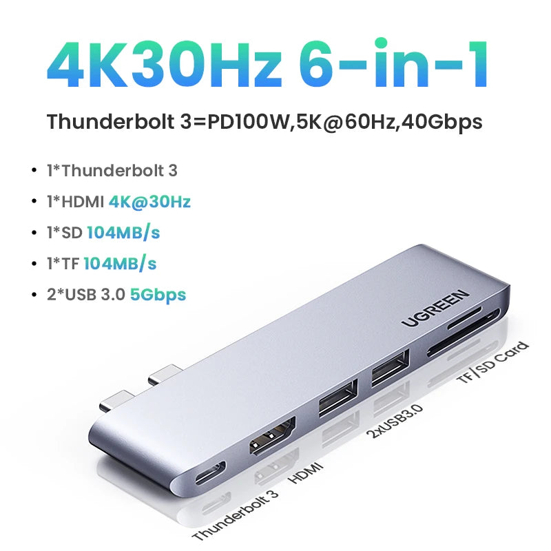 UGREEN USB C HUB 6-in-2 Type-C to Thunderbolt 3 4K HDMI USB3.0 SD&TF Adapter for MacBook Pro Air Docking Station USB-C Splitter