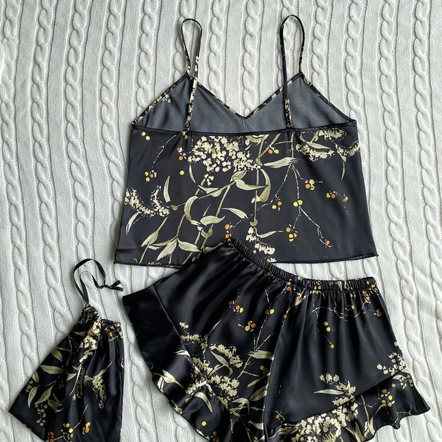 Elegant Floral Print Cami Tops   Ruffle Hem Shorts Pajama Set  Women's Sleepwear   Loungewear