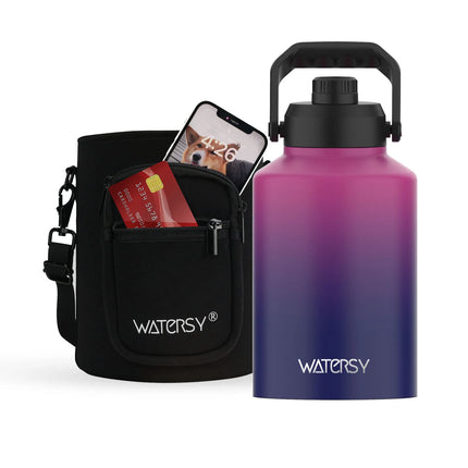 Watersy 68oz/128oz Stainless Steel Water Jug Black Big thermos Large Water Bottle with Handle for Gym,Hiking,Camping&Travel