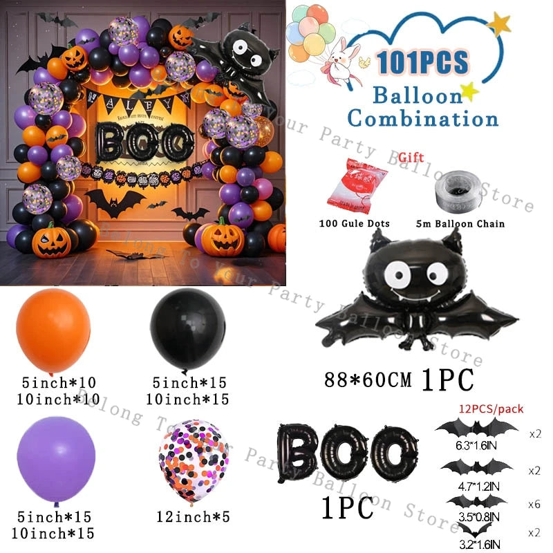Halloween Pumpkin Balloons Garland Arch Kit Orange Black Balloon 3D Bat Sticker Eye Globos Birthday Party Halloween Decorations