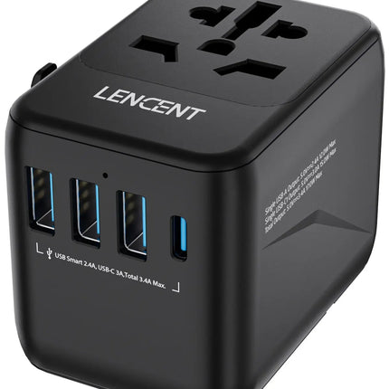 LENCENT Universal Travel Adapter with 3 USB Ports 1Type-C PD Charging All-in-one Travel Adapter EU/UK/USA/AUS Plug for Travel
