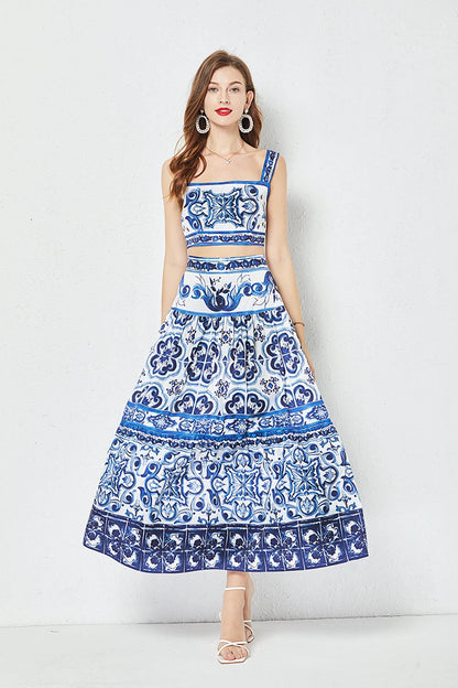JAMERARY Summer Runway Blue And White Porcelain Two Piece Set Women Flower Print Short Crop Top + Holiday Beach Maxi Skirt Suits