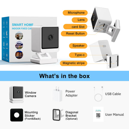 Window Camera Indoor Security 2.4&5Ghz, 110°Wide-angle, With Color Night Vision, Wired 1080p HD Video Camera, 2-Way Audio