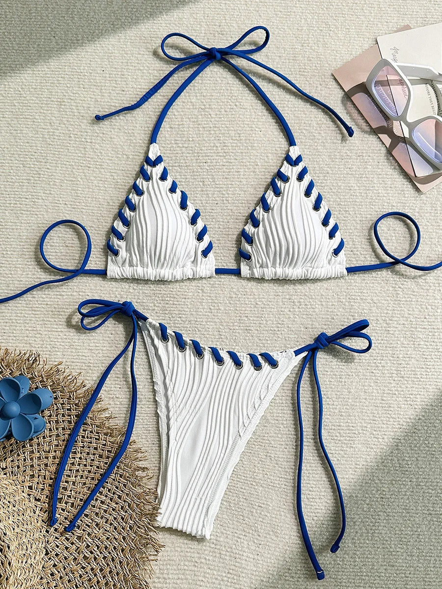 2025 Halter Wrinkled Weave Bikini Women Swimwear Female Swimsuit Two Pieces Bikini Set Brazilian Bathing Suit Swim Beach Wear