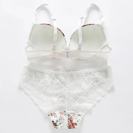 Women's Flower Bow Underwear Set Polished Gathering Adjustable Straps Bra + Triangle Panties Two Piece Set B/C Cups