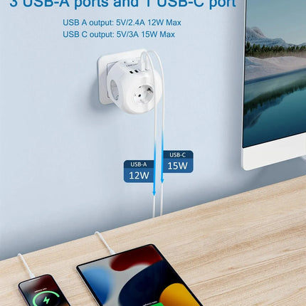 LENCENT EU Plug Wall Socket Extender with 4 AC Outlets+3 USB +1 Type C 5V/3A Charger Adapter 8-in-1 Socket On/Off Switch