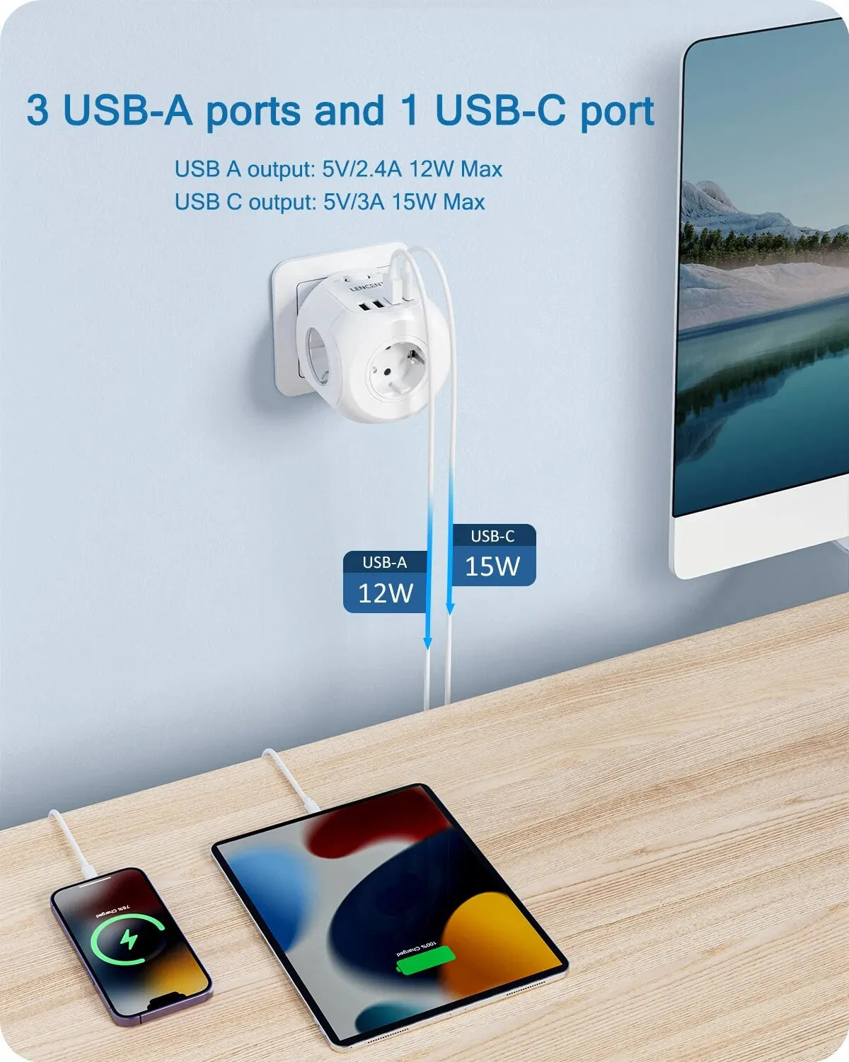 LENCENT EU Plug Wall Socket Extender with 4 AC Outlets+3 USB +1 Type C 5V/3A Charger Adapter 8-in-1 Socket On/Off Switch