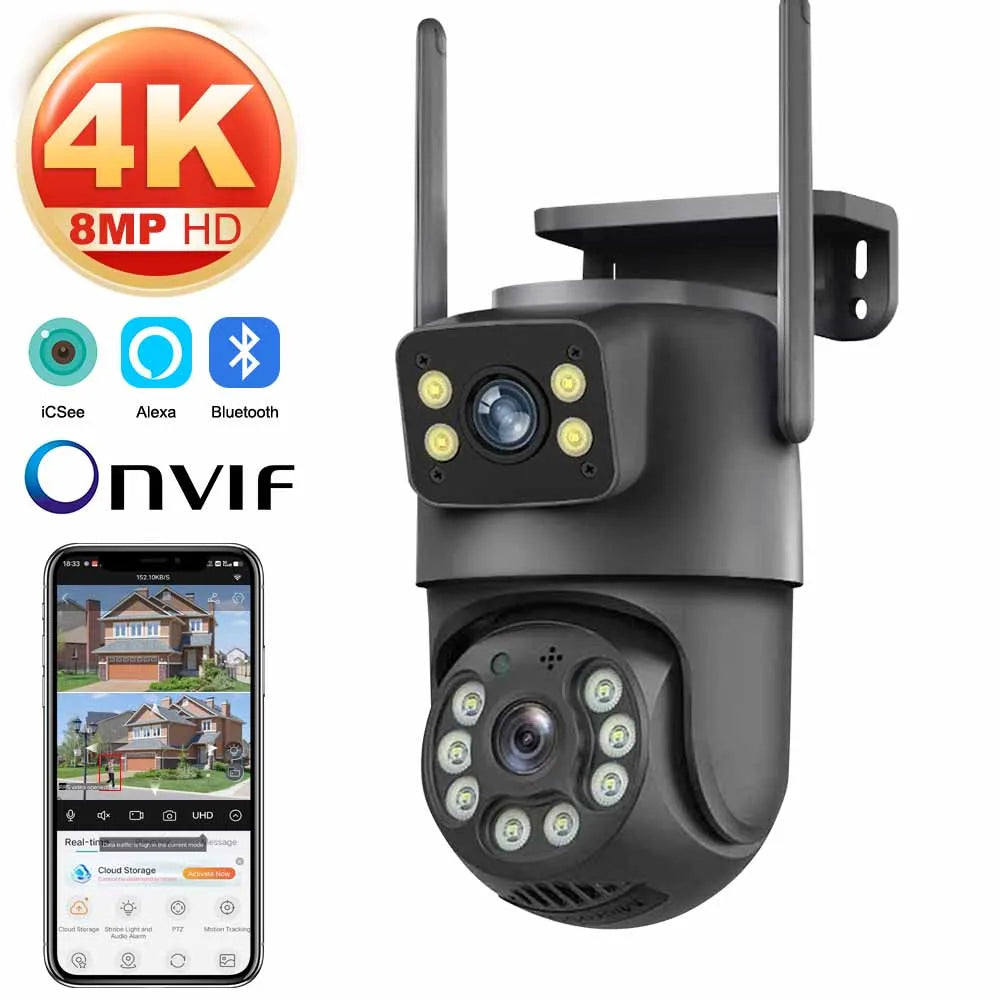 8MP WiFi Camera PTZ Dual Screens Auto Tracking Night Vision CCTV Surveillance Camera Outdoor 4MP Security IP Camera icsee