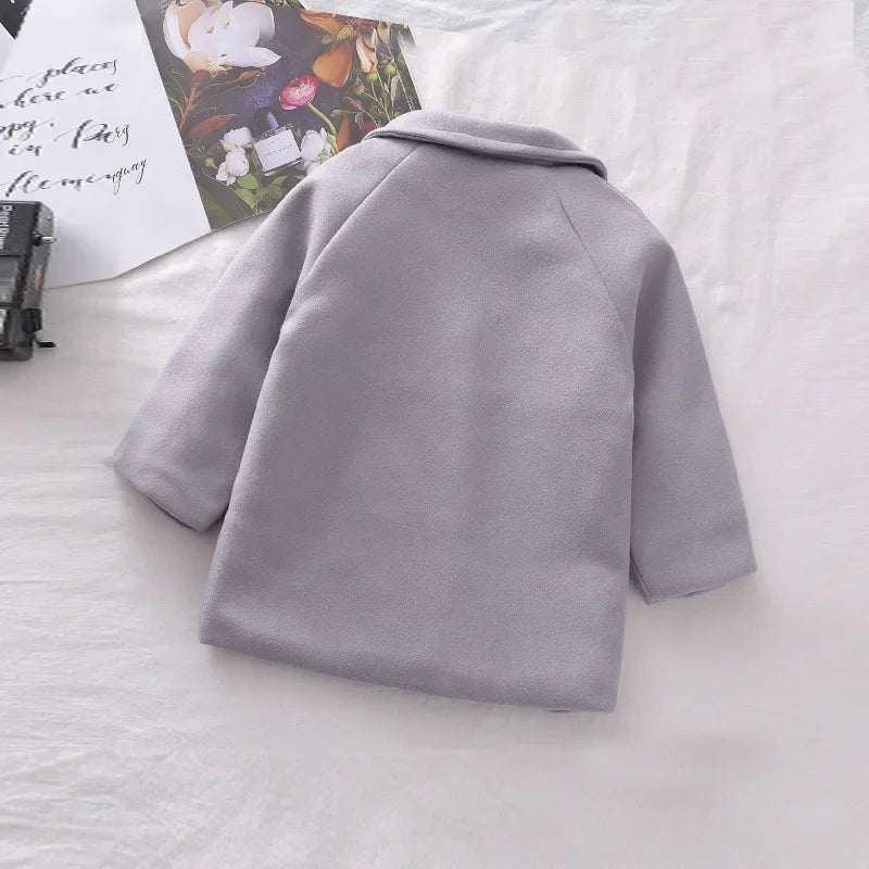 Autumn Winter Boys Fashion Jacket Solid Color Lapel Double-Breasted Long Woollen Overcoat For 2-6 Years Boys Handsome Outwear