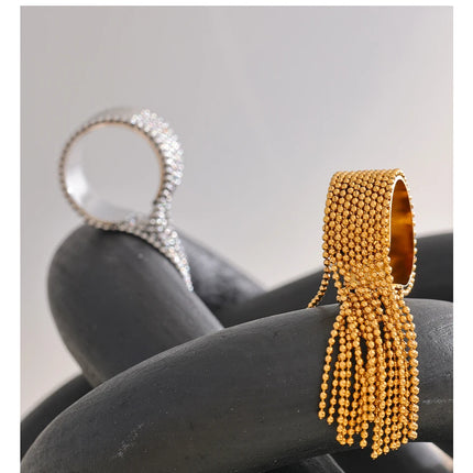 Yhpup Statement Stainless Steel Chain Tassel Finger Ring Adjustable 18K PVD Plated High Quality Charm Stylish Golden Jewelry