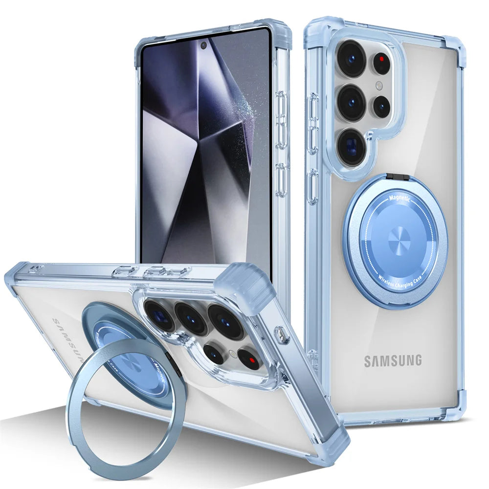 Rotating Magnetic Folding Stand Transparent Phone Case for Samsung S25 Edge S24 S23 Plus FE S21 Ultra Armor Shockproof Cover