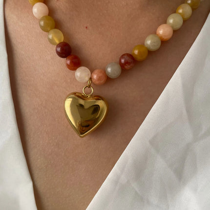 Peri'sbox Bohemia Multi-color Natural Stone Handmade Beaded Chain Waterproof Trendy Gold Plated Heart Pendant Necklace for Women