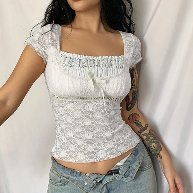 Korean Kawaii Patchwork Women T-shirt Y2K Aesthetic Vintage Milkmaid Top Fairycore Grunge Square Collar Short Sleeve Crop Top