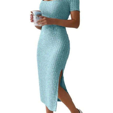 Summer Square Neck, Hip-Hugging Mid-Length Skirt, Short-Sleeved, Versatile Knitted Slit Dress