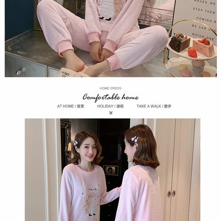 Autumn Winter New Flannel Soft Warm Women's Pajamas Round Neck Long Sleeve Women Two Piece Set Cute Printing Pajama Suit Women