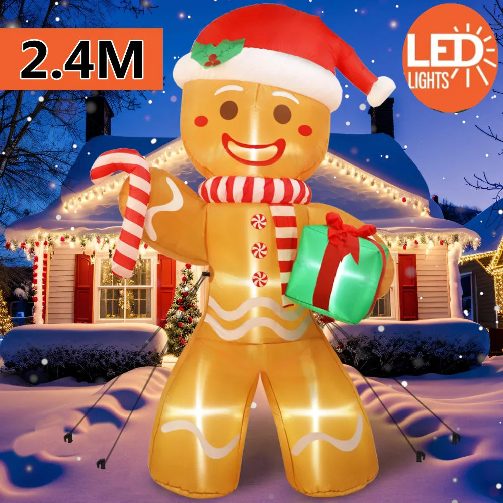 8FT/2.4M Christmas Inflatables Gingerbread Man with Gift Pack Outdoor Decorations Xmas Yard Decorations with LED Lights for Lawn