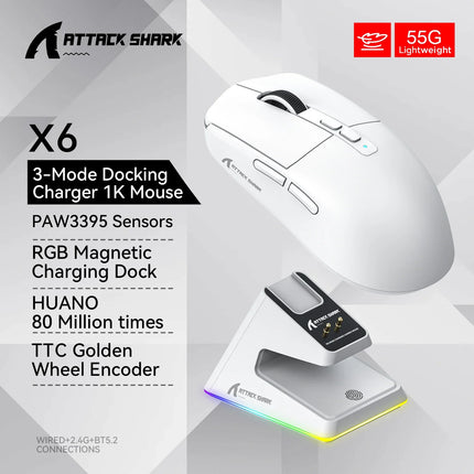 Attack Shark X6 26K DPI Wireless Game, PixArt PAW3395, RGB Magnet, Macro, PC/Laptop