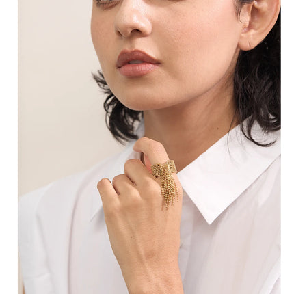 Yhpup Statement Stainless Steel Chain Tassel Finger Ring Adjustable 18K PVD Plated High Quality Charm Stylish Golden Jewelry