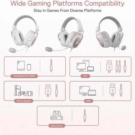 Redragon H510 Zeus White Wired Gaming Headset - 7.1 Surround Sound Memory Foam Ear Pads 53MM Drivers