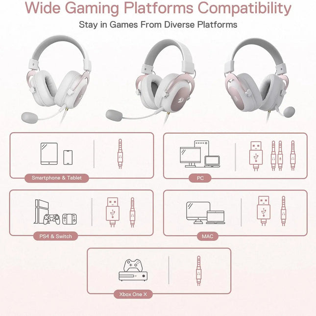 Redragon H510 Zeus White Wired Gaming Headset - 7.1 Surround Sound Memory Foam Ear Pads 53MM Drivers