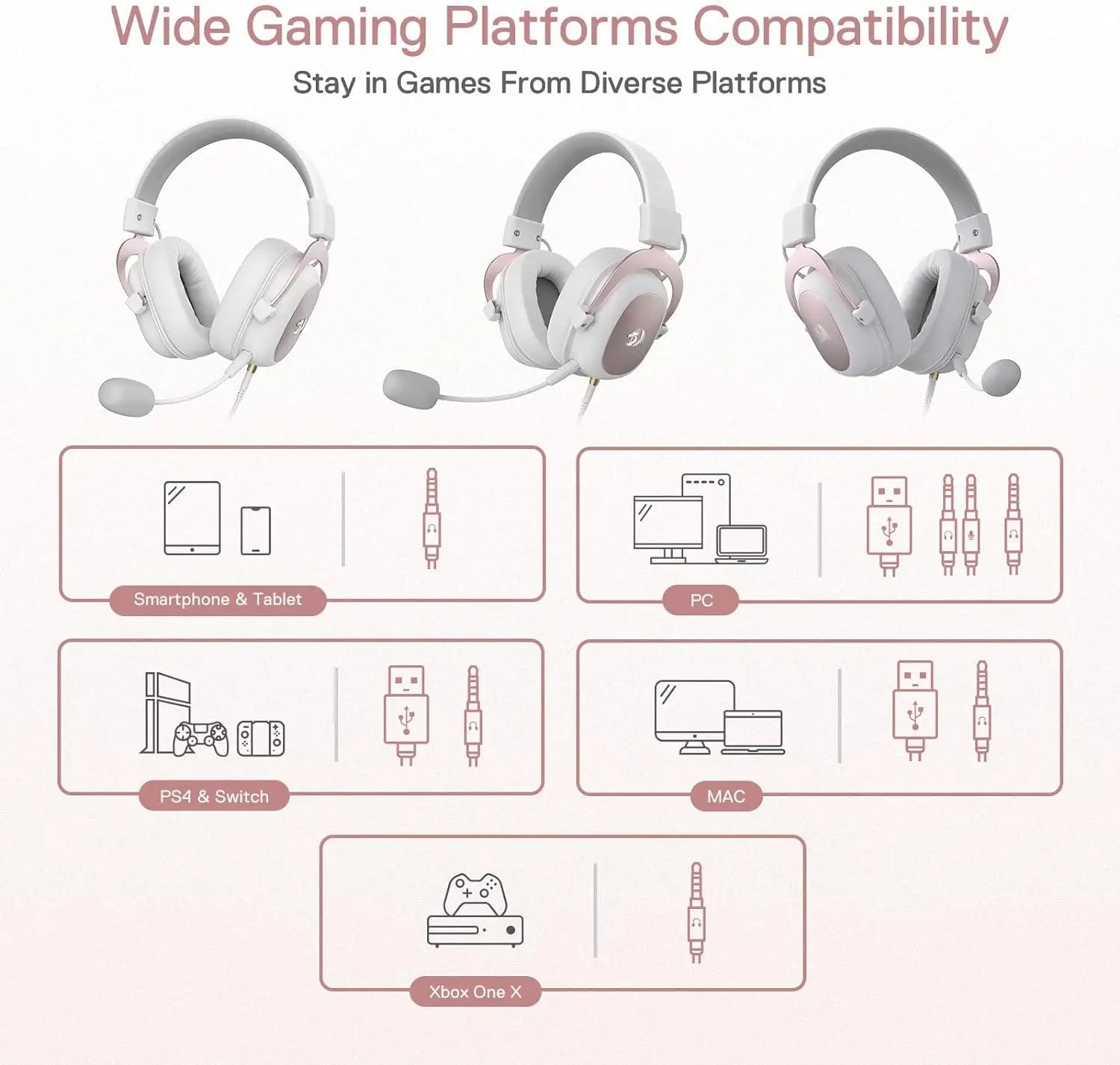 Redragon H510 Zeus White Wired Gaming Headset - 7.1 Surround Sound Memory Foam Ear Pads 53MM Drivers