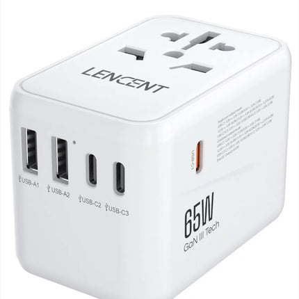 LENCENT 65W/100W GaN International Travel Adapter with 2USB 3 Type C GaN Fast Charging Adapter with EU AU US UK Plug for Travel