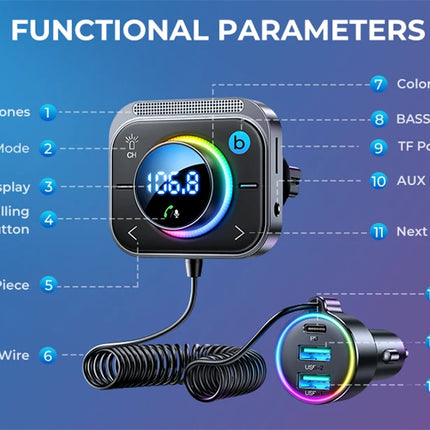 Joyroom Bluetooth 5.3 FM/AUX Bluetooth Car Charger Adapter Air Vent Installation 3 Ports PD&QC 3.0 FM Bluetooth Car Transmitter