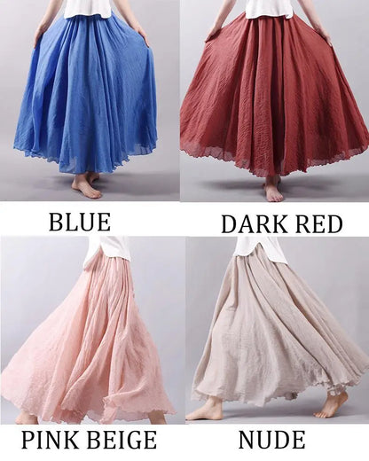 Women's Elegant High Waist Linen Maxi Skirt 2023 Summer Ladies Casual Elastic Waist 2 Layers Skirts saia feminina 20 Colors SK53