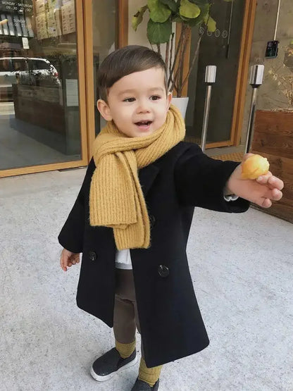 Autumn Winter Boys Fashion Jacket Solid Color Lapel Double-Breasted Long Woollen Overcoat For 2-6 Years Boys Handsome Outwear