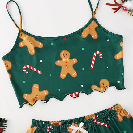 Women's 2pcs Cute Soft Comfy Christmas Set Cartoon  Print Strap Top Santa Claus Shorts Home Suit Sexy Pajamas