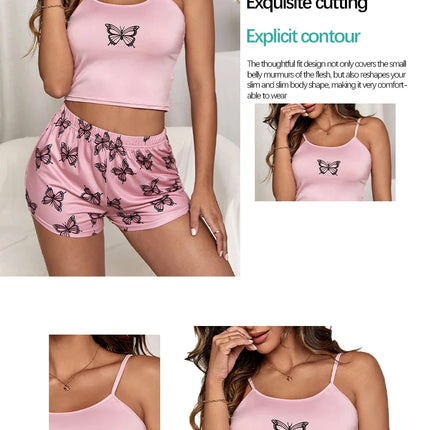 Two Piece Women's Suspender Printed Butterfly Round Neck Camouflage Top Paired with Shorts Women's Casual Pajama Set