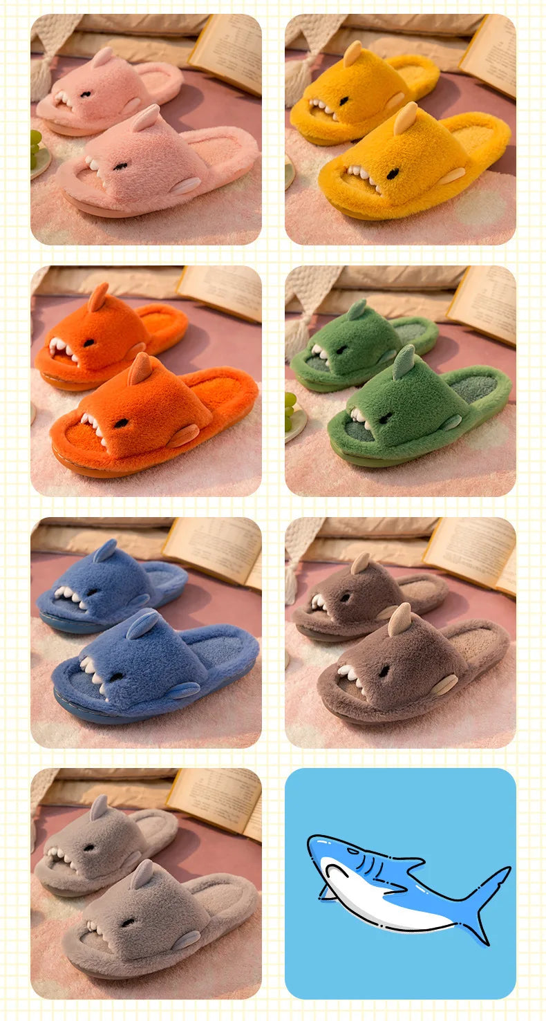 Comwarm Autumn And Winter Cartoon Shark Wool Slippers For Women Soft Home Men's Indoor Household Open Toe Plush Cotton Slippers